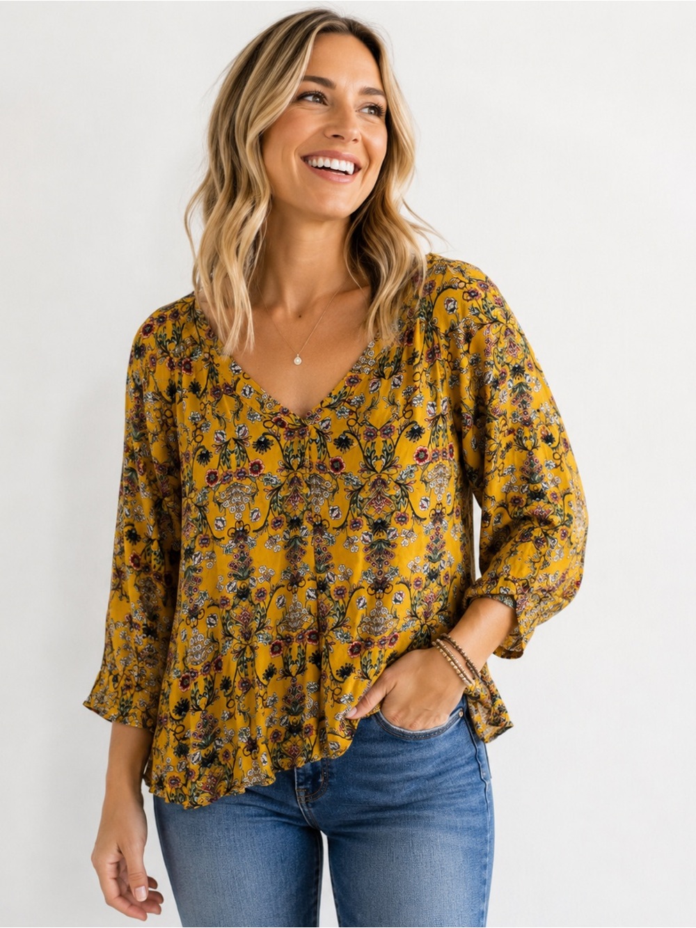 St Johns Bay Yellow Floral Boho V Neck Peasant Top Blouse Unknown Size